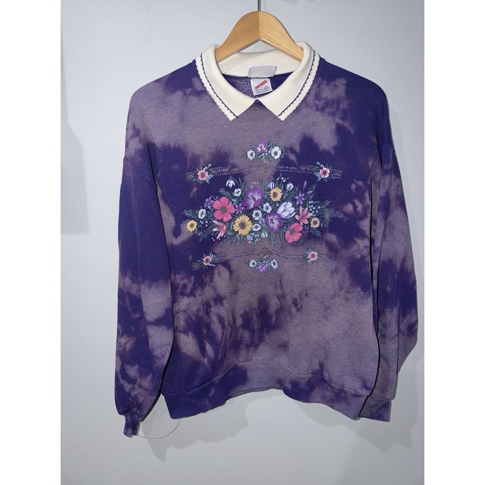 Vintage 80s 90s Morning Sun Collared Crewneck Flower Tie Dye Granny Sweatshirt L